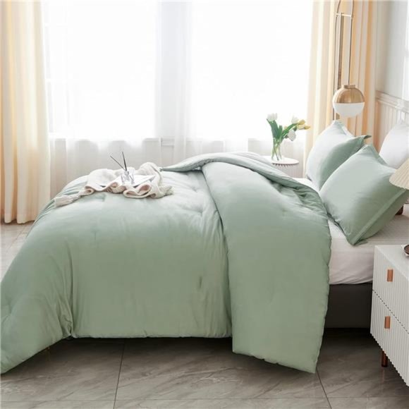 Comforter Full Size Set Sage Green,3 Pieces Lightweight Bed Comforter Full,Solid - Picture 4 of 8